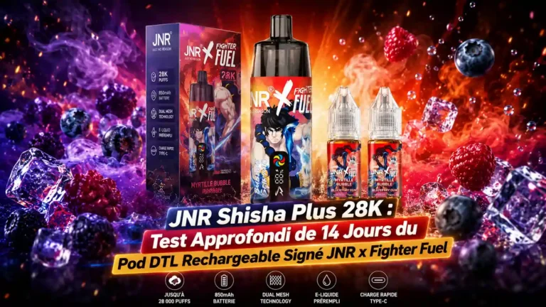 JNR Shisha Plus 28K : Test Approfondi de 14 Jours du Pod DTL Rechargeable Signé JNR x Fighter Fuel