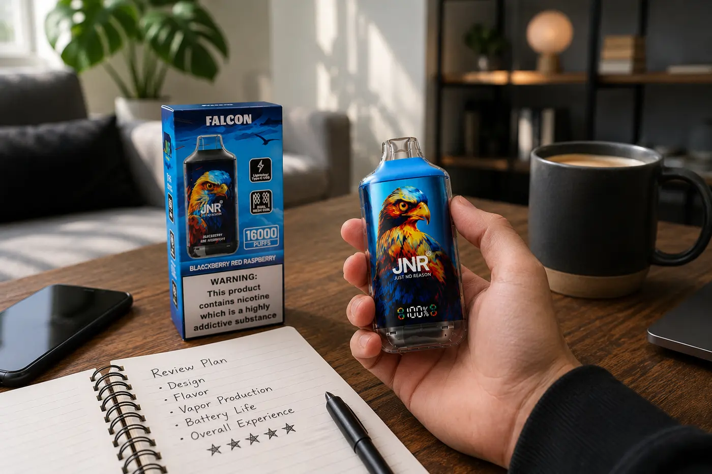 JNR Falcon 16K vue trois quarts — écran % batterie et double port USB-C + Lightning visible