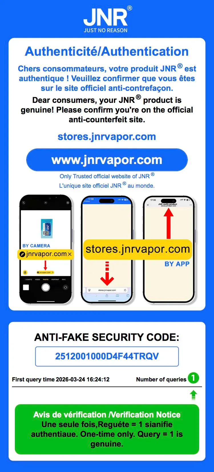 Guide de verification d'authenticite JNR  etapes pour scanner le code QR et verifier votre puff JNR originale