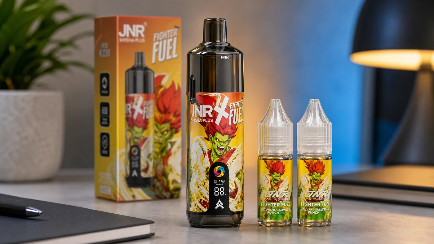 JNR Shisha Plus 28K vue trois quarts avec deux flacons Fighter Fuel