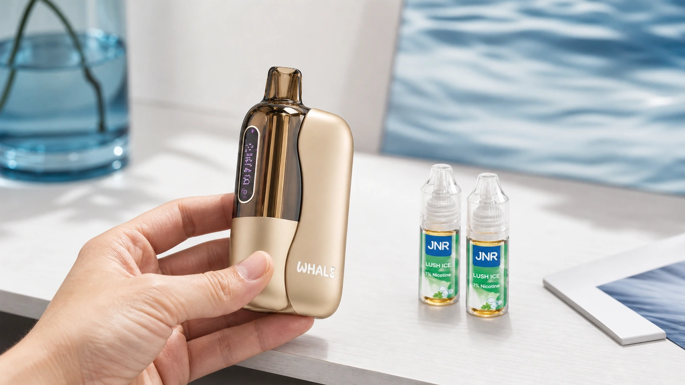 Puff JNR Whale 38K en main avec pod magnétique et réservoir transparent