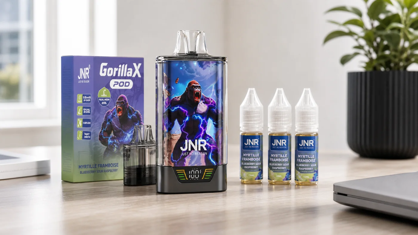 Puff JNR Gorilla X 43K : écran LED triple, bouton de puissance latéral et cartouches Gorilla X interchangeables