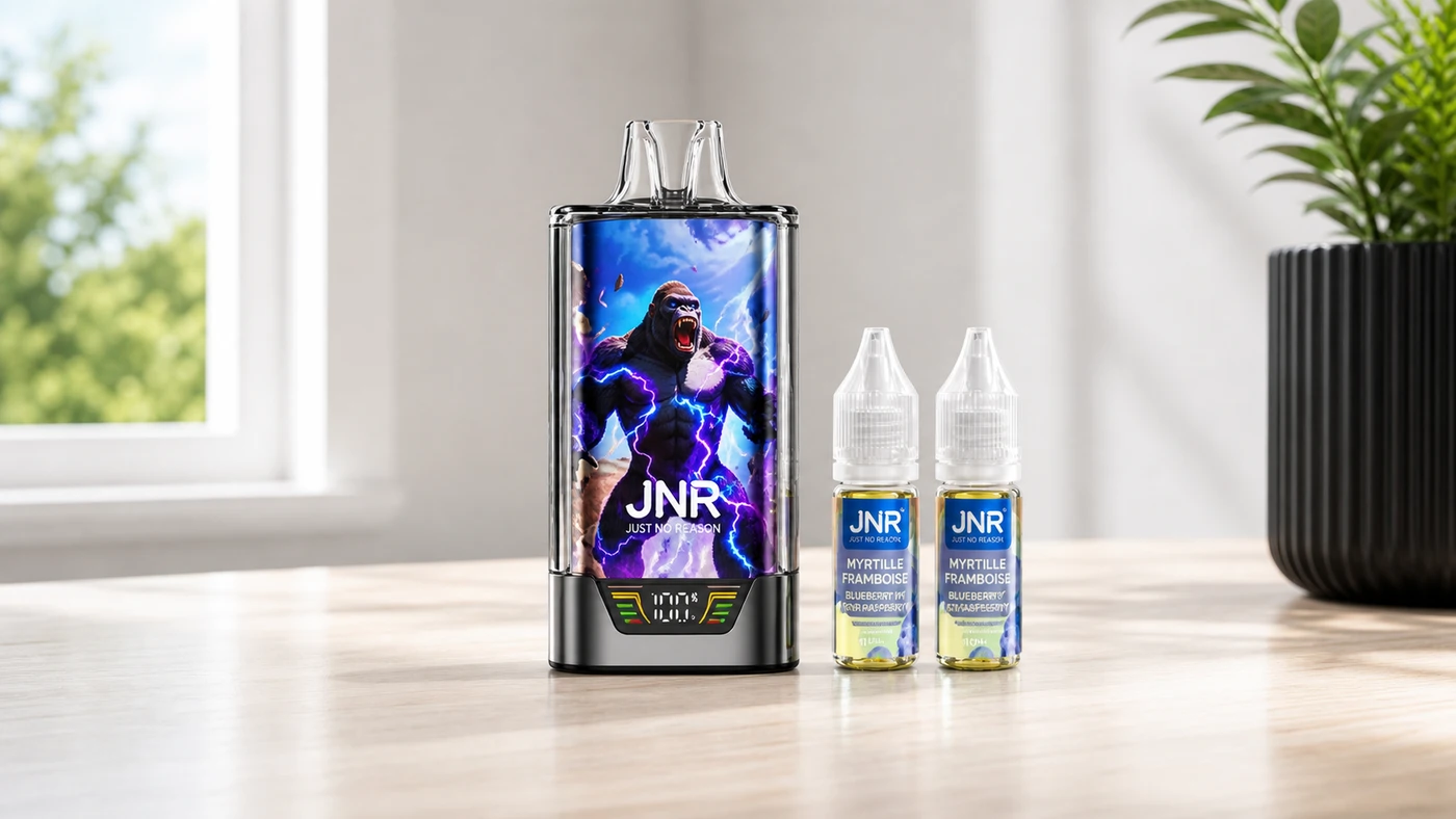 Séquence d'utilisation du Puff JNR Gorilla X 43K : QR code, USB-C, insertion magnétique, choix du mode, auto-draw, lecture LED