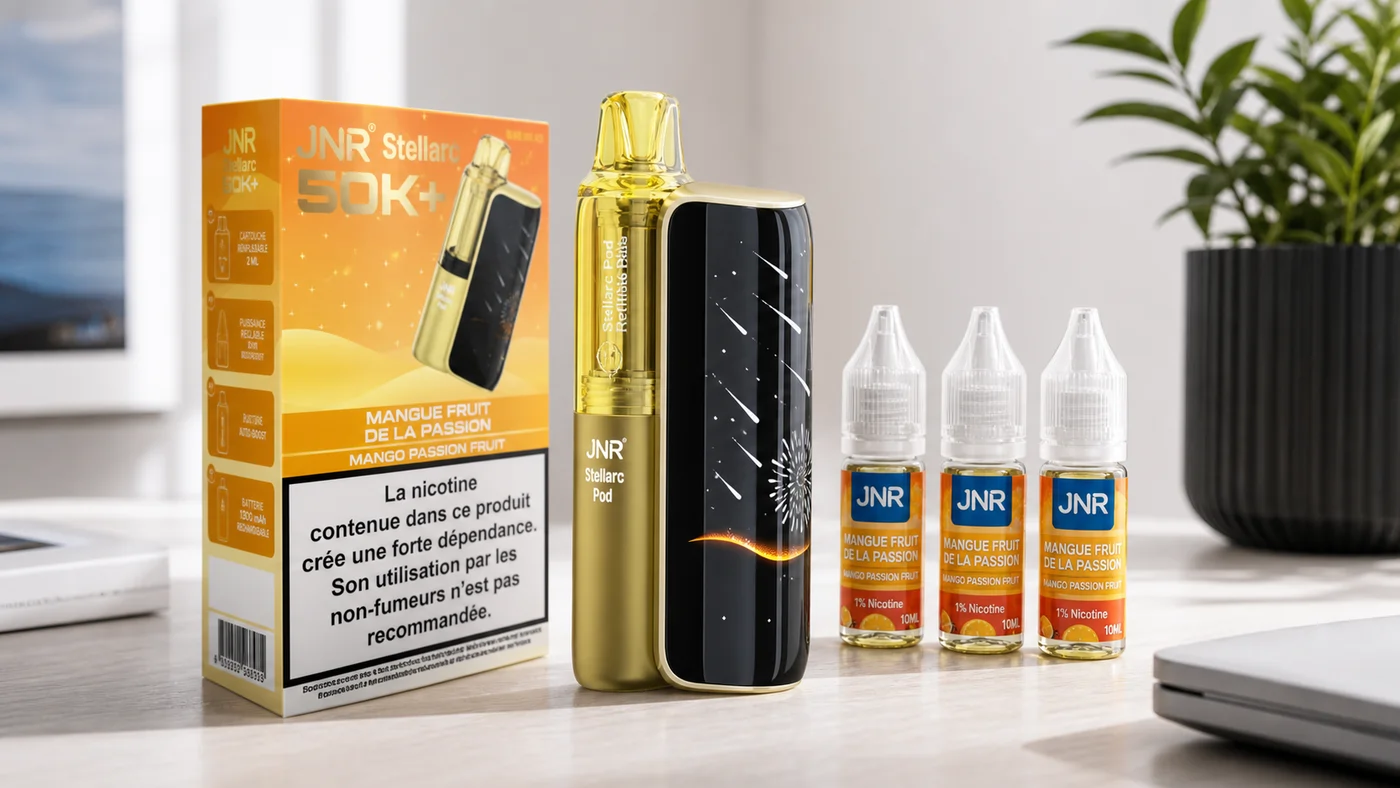 Puff JNR Stellarc 50K vue trois quarts avec ecran incurve anime et cartouche refillable