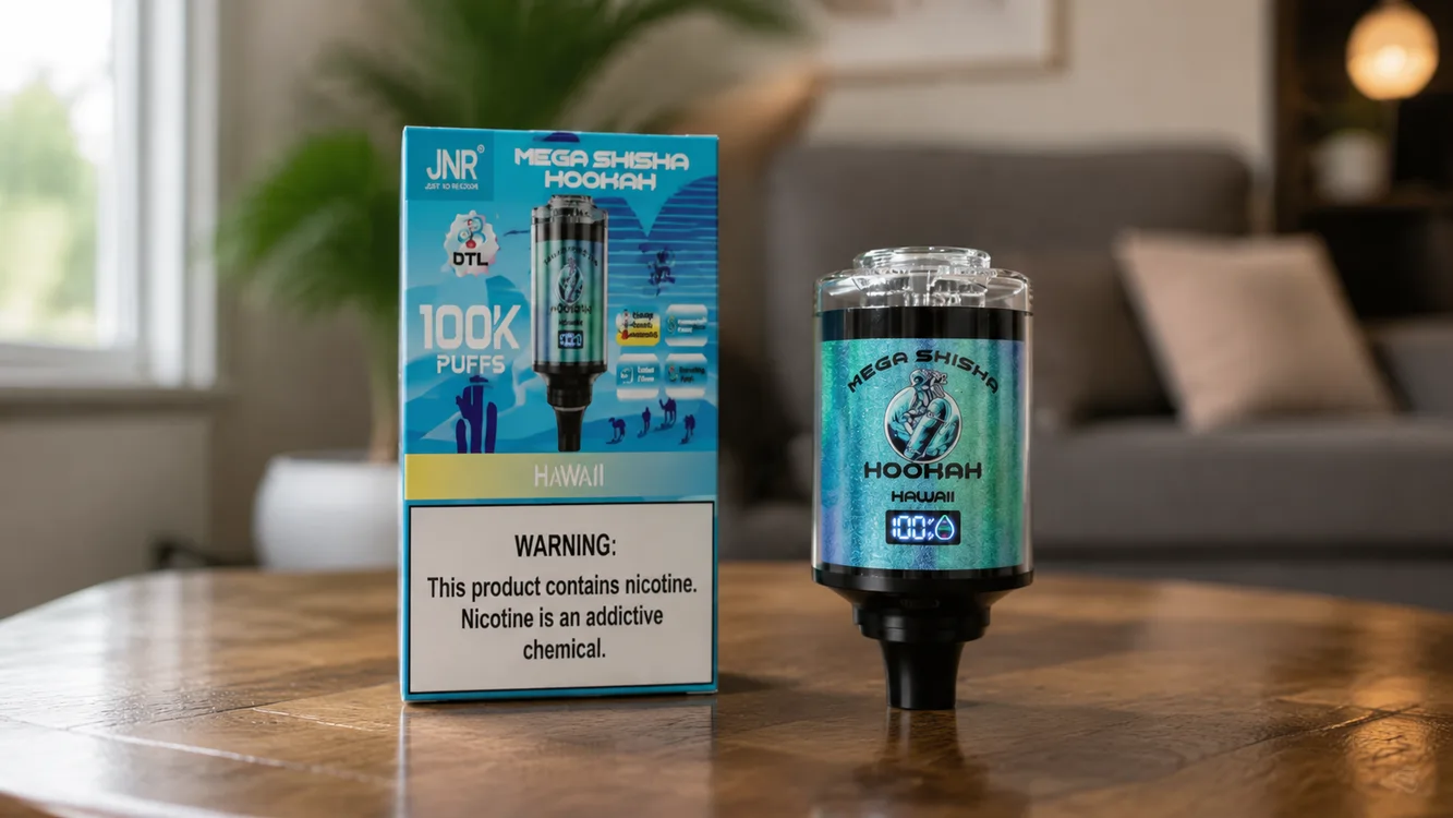 Puff JNR Mega Shisha Hookah 100K vue trois-quarts avec ecran intelligent, double embout et breathing light